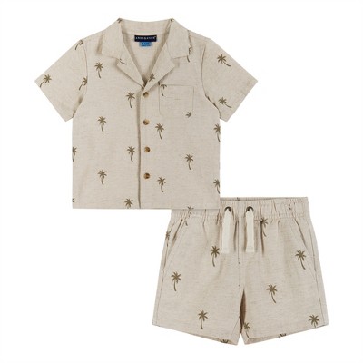 Image of Andy & Evan Infant  Beige Palm Print Linen Short Sleeve Buttondown Shirt Set, Size 6-9 Months.