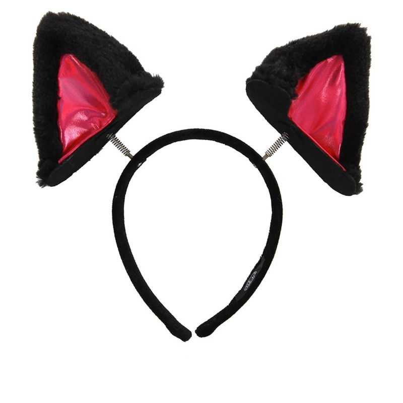 HalloweenCostumes.com    Springy Cat Ears Plush Soft Headband, Black/Pink, 2 of 5
