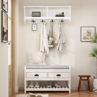 Famapy White Wooden Wall Mounted Hall Tree Set Hooks and  Bench