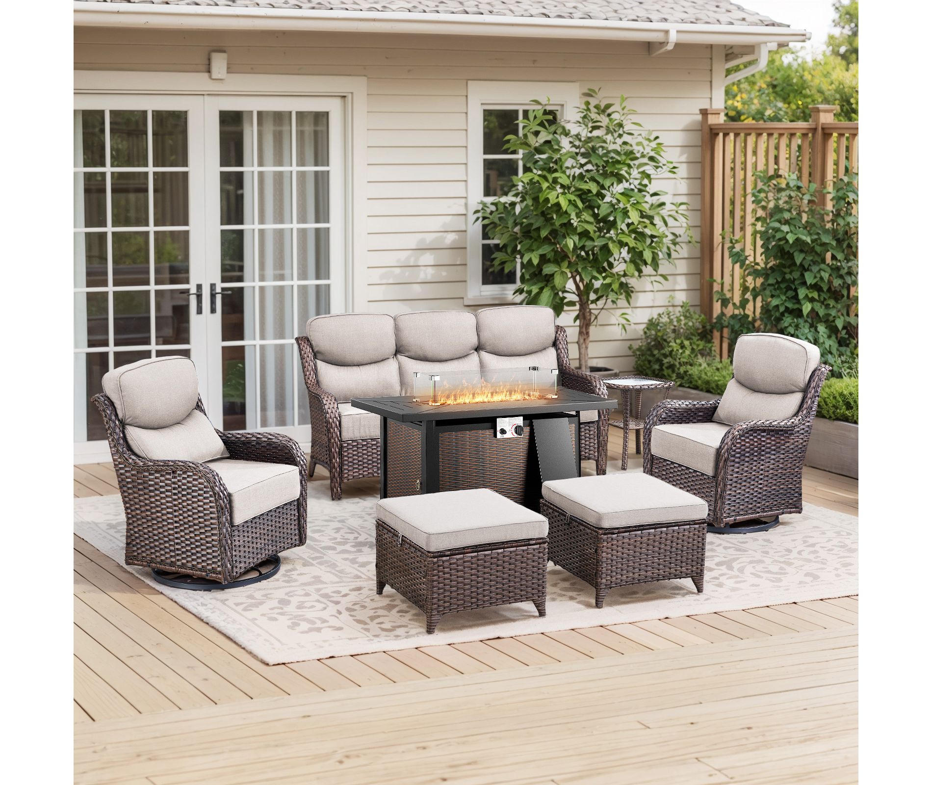 Gymojoy 6 Pieces/7 Pieces Outdoor Fire Pit Table w/ Patio 6in Sofa Swivel Chairs Table Ottoman Set