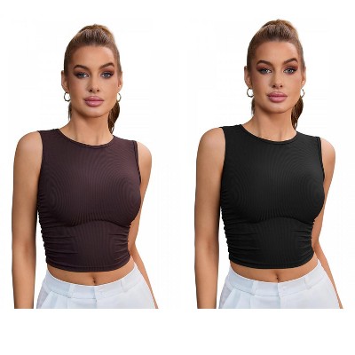 INSPIRE CHIC 2 Packs Women's Sleeveless Ribbed Waist-Cinched Workout Tank Top with Dual Side Pleats
