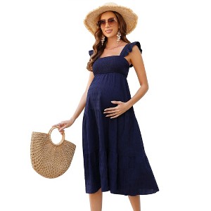 Womens Maternity Dress Summer Sleeveless Smocked Square Neck Ruffle Casual Boho Midi Dress Baby Shower Photoshoot - 1 of 4