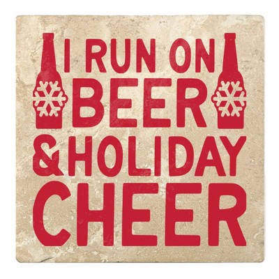 Christmas by Krebs Set of 4 Ivory and Red "I RUN ON BEER and HOLIDAY CHEER" Square Coasters 4"