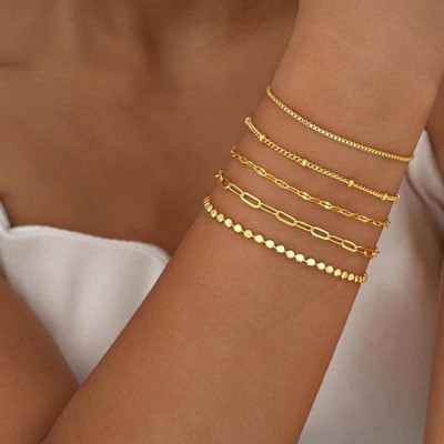 BRINJOY 14K Gold Plated Bracelet Set - 5 Piece Stackable CZ Tennis Bracelets with Heart Charm, Adjustable Waterproof Jewelry Gift for Women