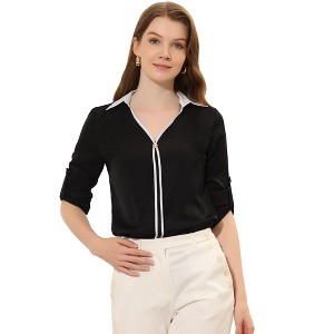 Allegra K Women's Contrast V Neck Collared Roll Up Long Sleeve Chiffon Office Shirt - 1 of 4