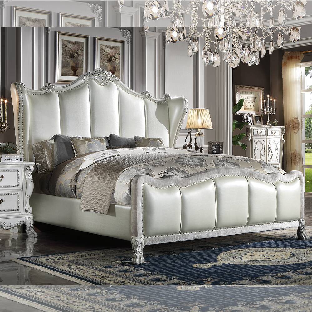 Photos - Wardrobe 95" California King Bed Dresden Synthetic Leather and Bone White Finish 