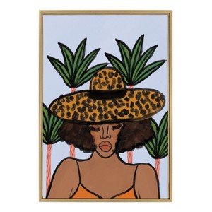 Kate and Laurel Sylvie Leopard Hat Framed Canvas by Kendra Dandy of Bouffants and Broken Hearts, 23x33, Bright Gold - 1 of 4