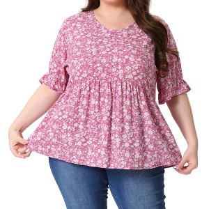 Agnes Orinda Women's Plus Size Floral Pleated V Neck Short Sleeve Tiered Babydoll Blouses - 1 of 4