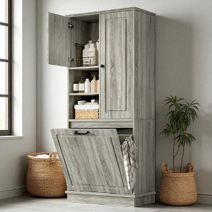 Mshliw Tall Bathroom Storage Cabinet with Flip-Out Basket, Adjustable Shelves & 2 Doors, MDF Cabinet with Aluminum Alloy Handles - 1 of 4