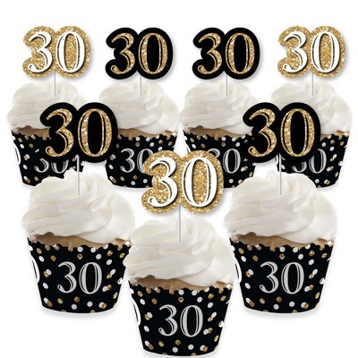 Big Dot of Happiness Adult 30th Birthday - Gold - Cupcake Decoration - Birthday Party Cupcake Wrappers and Treat Picks Kit - Set of 24