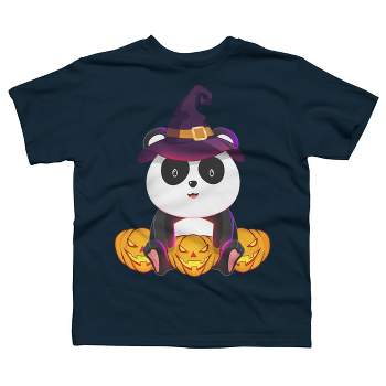 Boy's Design By Humans Cute Panda Mock up Witch With Jack O Lantern Halloween T-Shirt By thebeardstudio T-Shirt