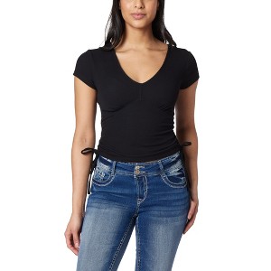 WallFlower Women's Madeline Short Sleeve V-Neck Yummy Rib Top With Ruched Sides - 1 of 4