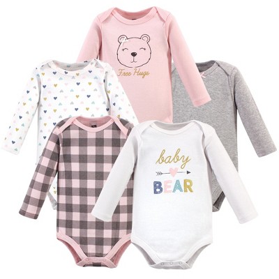 Image of Hudson Baby Infant Girl Cotton Long-Sleeve Bodysuits 5pk, Girl Baby Bear, 0-3 Months