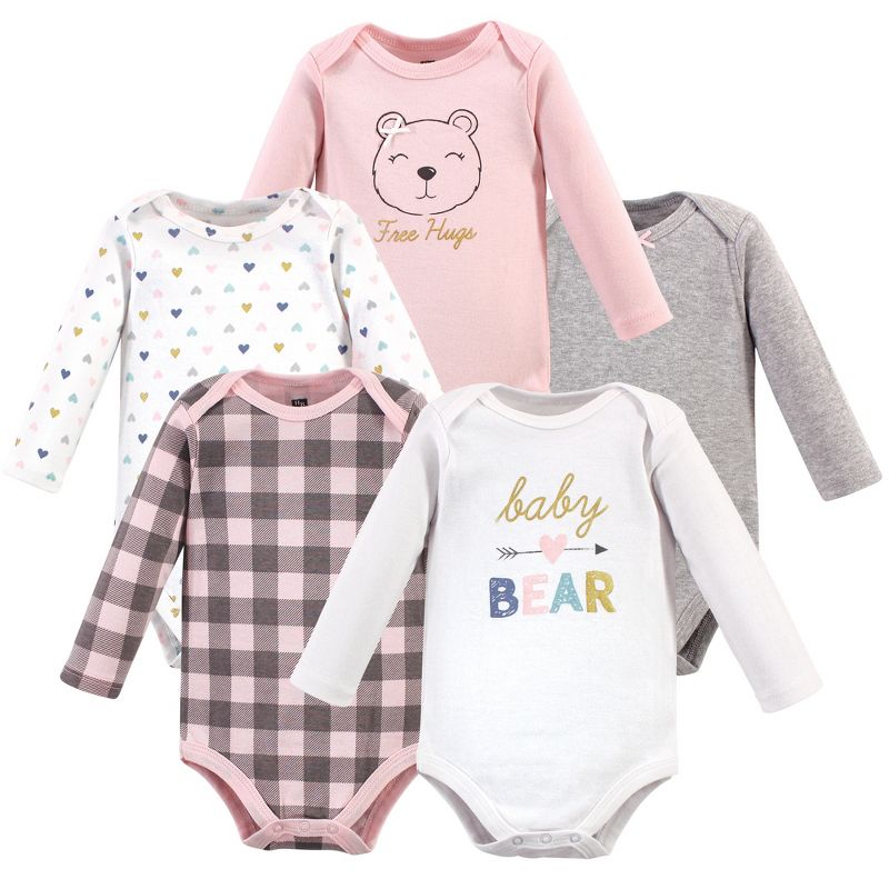 Hudson Baby Infant Girl Cotton Long-Sleeve Bodysuits 5pk, Girl Baby Bear, 1 of 8
