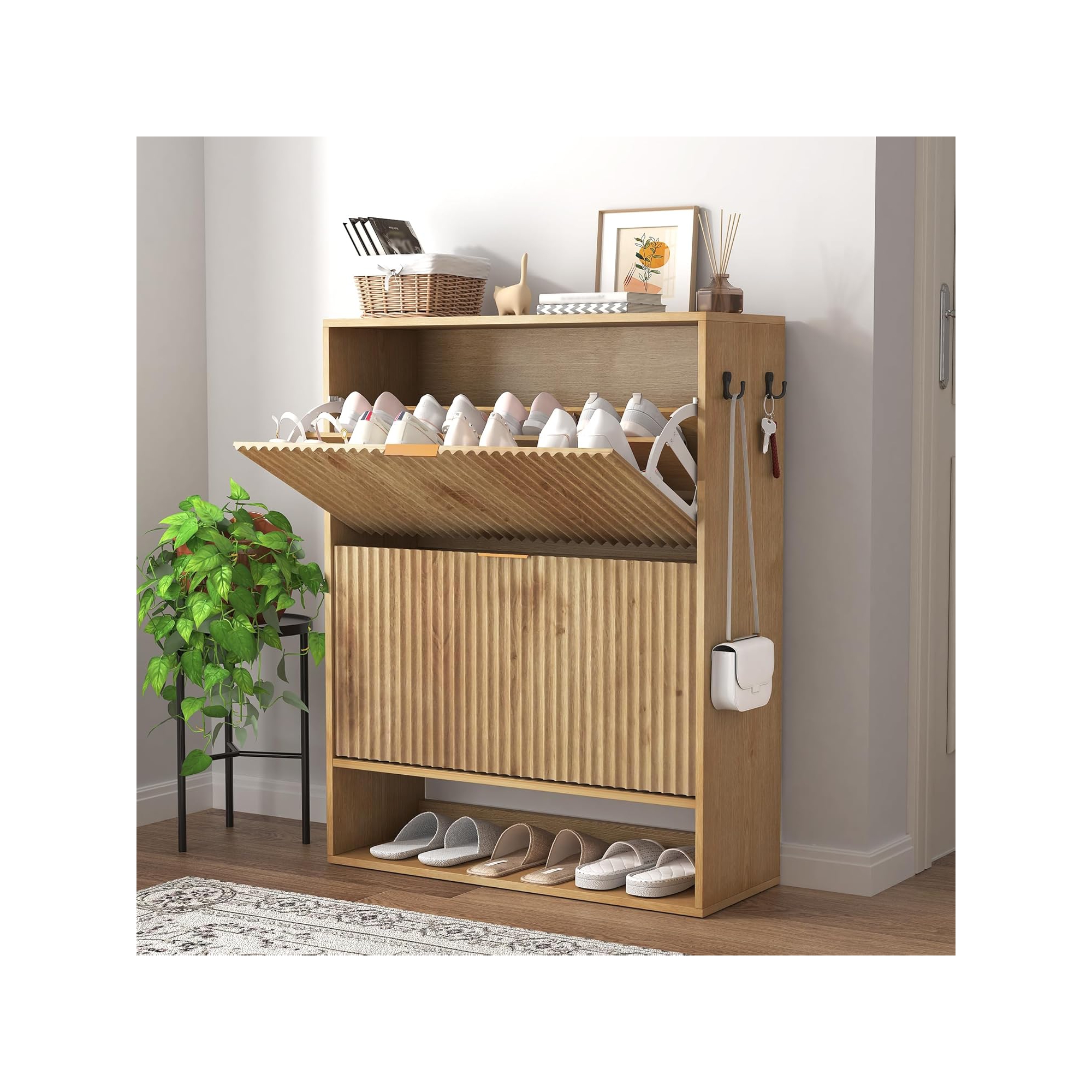 Slim Shoe Cabinet with 2 Flip Drawers & Side Hooks, Freestanding Narrow Shoe Rack Organizer for Entryway, Hallway, Wood Color