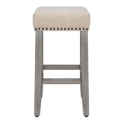 24" Beige Linen Upholstered Wood Saddle Counter Stool