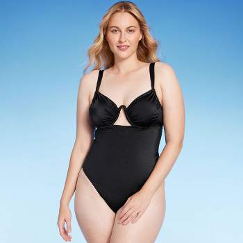 Women's Ribbed Plunge Front Cut Out One Piece Swimsuit - Shade & Shore  Black 38DD