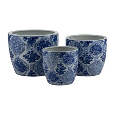 Sagebrook Home 3pc Chinoiserie Ceramic Indoor Outdoor Planter Pots Blue/White: Rust-Resistant, Hand-Painted, No Drainage Holes