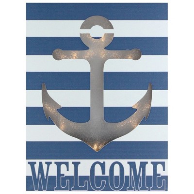Northlight LED Lighted Striped “Welcome” Anchor Wall Art - 9.75" - Blue and White