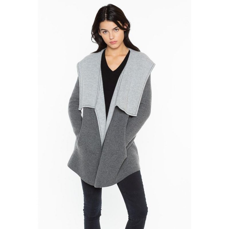 JENNIE LIU Women's 100% Pure Cashmere Long Sleeve 2-tone Double Face Cascade Open Cardigan Sweater, 3 of 7