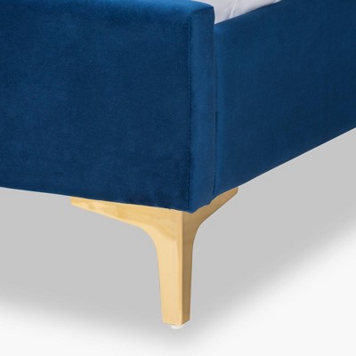 Luxurious Navy Blue Velvet Full/Double Platform Bed with Gold Metal Legs