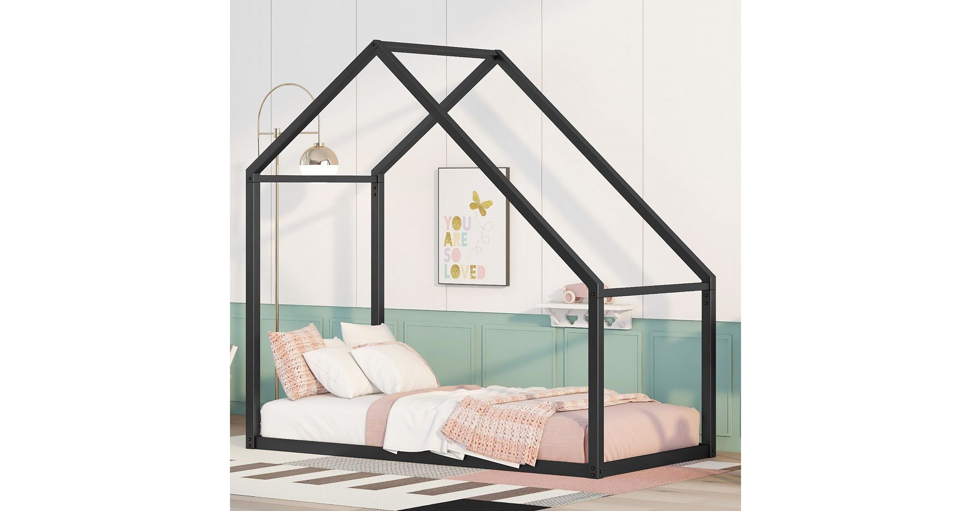 Twin Size Metal House Bed For Toddler Kids Teens Metal Frame Platform Bed With Roof For Bedroom Apartment