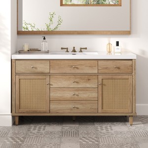 Christopher Knight Home Emilie 60" Modern Bathroom Vanity with SMC Sink, 5 Drawers and 2 Rattan Doors - 1 of 4