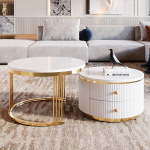 27.6" & 23.6" MDF Modern Round Nesting Coffee Tables Set of 2 with 2 Drawers and Gold Legs for Living Room, Apartment - 1 of 4