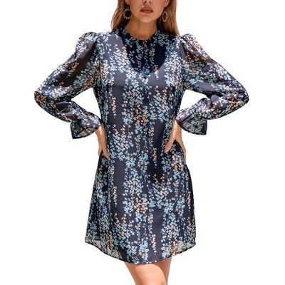 Women's Ruffle Mock Neck Long Sleeve Floral Print Mini Dress Casual Pleated Flowy Babydoll Short Dress