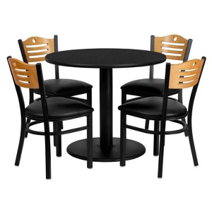 Flash Furniture 36'' Round Black Laminate Table Set with 4 Wood Slat Back Metal Chairs - Black Vinyl Seat - 1 of 2
