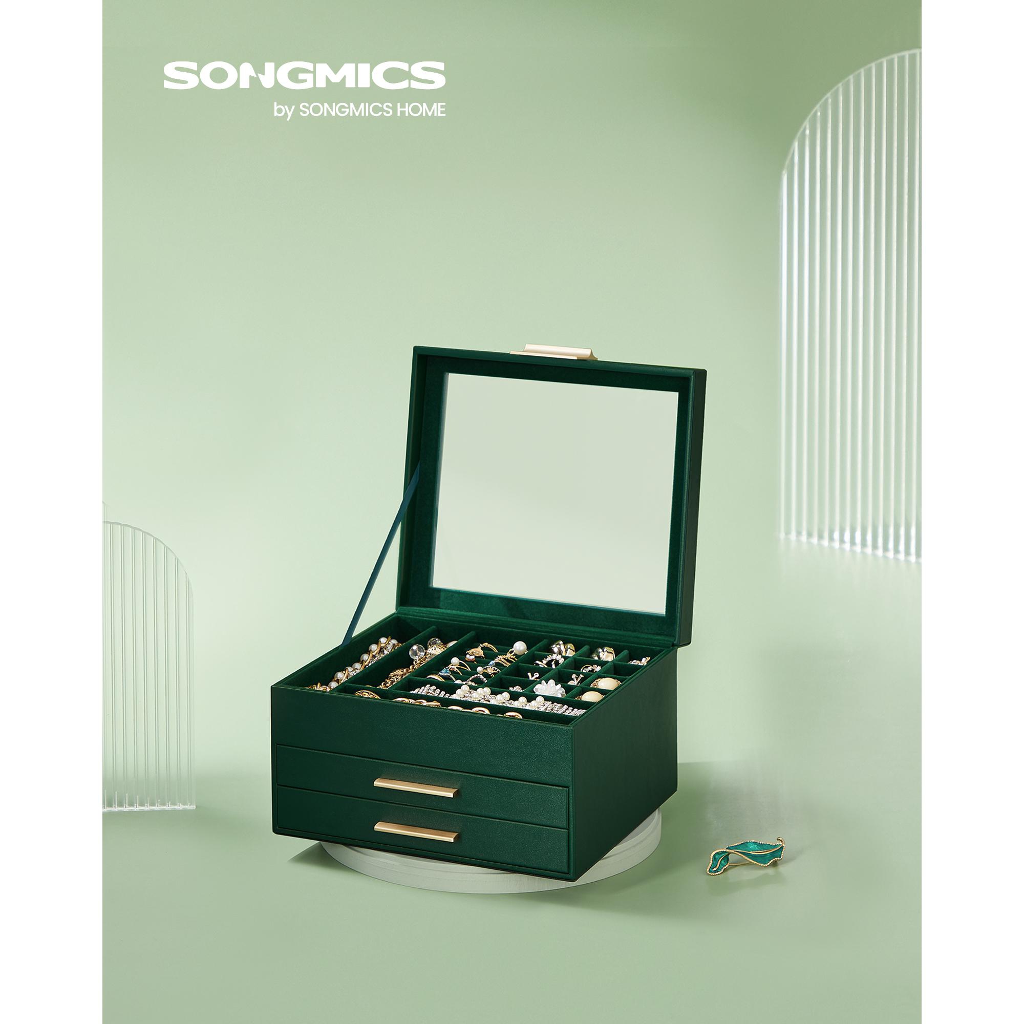 3-Tier Glass Top Jewelry Box with 2 Drawers, Modern Jewelry Organizer Gift for Women, 8 x 9.1 x 5.3 Inches, Forest Green and Gold