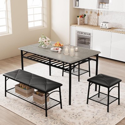4-Piece Compact Kitchen Dining Table Set for 4,Upholstered Bench+2 Stools with Storage Shelf–Metal Frame Wood Tabletop