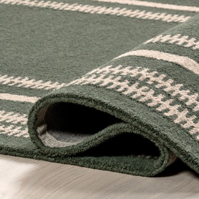 Kari Dark Green and Beige Striped Wool 9' x 12' Handmade Rug