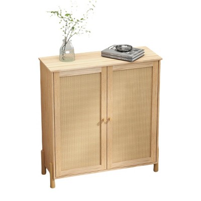 GlasFlength Utility Storage Cabinets Mid Century Modern Cabinet with Woven Rattan Doors for Living Room Dining Room, Beige, 31.5"*11.8"*34.6"