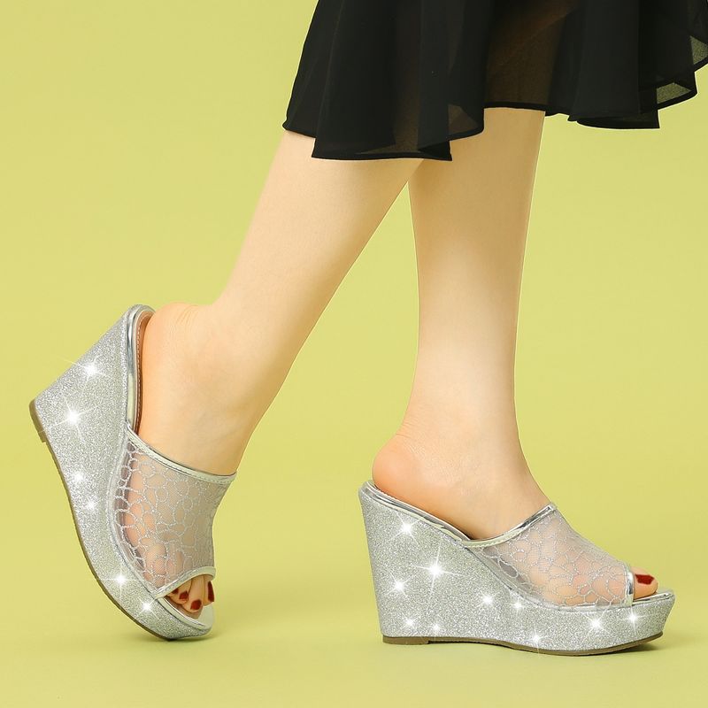 Allegra K Women's Glitter Platform Slip on Wedge Slide Sandals, 2 of 7