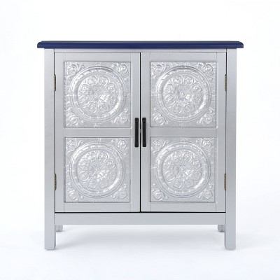 Alana Firwood Cabinet Silver/Navy Blue - Christopher Knight Home: Modern Storage with Carved Doors