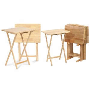 PJ Wood Solid Wood Construction Rectangle Folding Portable TV Snack Serving Tray Table with Compact Storage Rack, Natural (Set of 7) - 1 of 4