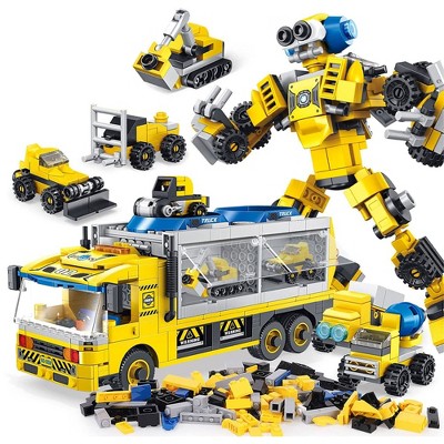 Photo 1 of PANLOS 6 in 1 Construction Vehicles Truck Robot Toy Model Educational Carton Kids Building Blocks Brick Set for Ages Above 6, Yellow