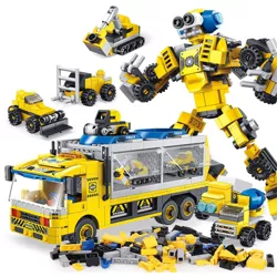 PANLOS 6 in 1 Construction Vehicles Truck Robot Toy Model Educational Carton Kids Building Blocks Brick Set for Ages Above 6, Yellow