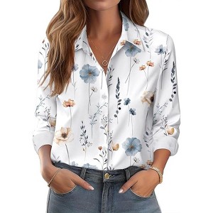 Zeagoo Womens Blouses White Long Sleeve Floral Button Down Shirts Spring Outfit Flower Pattern Business Casual Top - 1 of 3