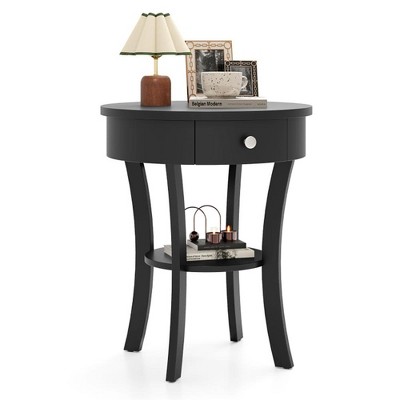 ResenkosSofa Table, End Table, Side Table,2-Tier Wood Round End Table with Open Drawer-Black