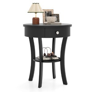 ResenkosSofa Table, End Table, Side Table,2-Tier Wood Round End Table with Open Drawer-Black - 1 of 4