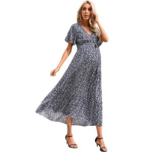 V-neck flared sleeve short sleeved long maternity dress - 1 of 1