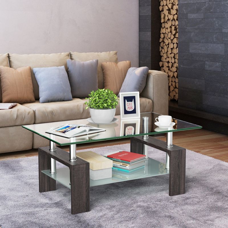 Tangkula Glass Coffee End Side Table Rectangular w/ Shelf Wooden Leg Black/Brown, 3 of 7
