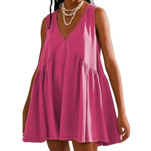 Women Flowy Pleated Dress X Seam Tank Dress V Neck A Line Dress Summer Casual Dress Lounge Outfits for Women Beach Mini Dress - 1 of 4