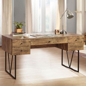 Sapphtopaz Rustic Standing Desk with 4 Front Drawers & Back Open Shelf Computer Desk with Black Metal Legs Writing Desk for Home Office, Bedroom - 1 of 4