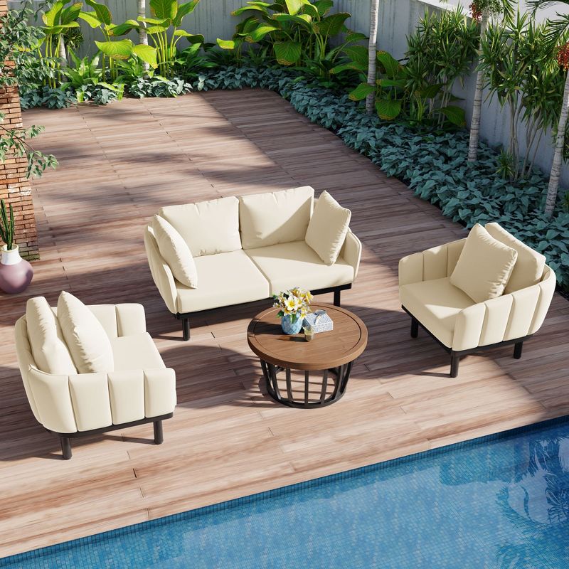 Modern 4-Piece Outdoor Iron Frame Conversation Set, Patio Chat Set with Acacia Wood Round Coffee Table 4M - ModernLuxe, 2 of 14