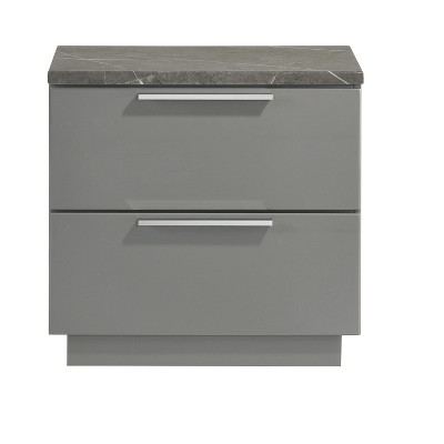 Vynxaria Contemporary 2-Drawer Nightstand - 2-Tone High-Gloss Marble/Lacquer (Gray), Red Velvet-Lined Top Drawer, Metal-Finished Legs