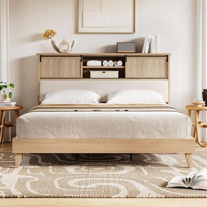 Bohemian Rattan Bed Frame, Rattan Bed Frame with Sliding Door Shelf Headboard, Solid Wood Foundation and Silent Slats. - 1 of 4