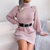 Womens Sweater Dress High Neck Lantern Sleeve Button Shoulder Knit Sweater Dress - 4 of 4